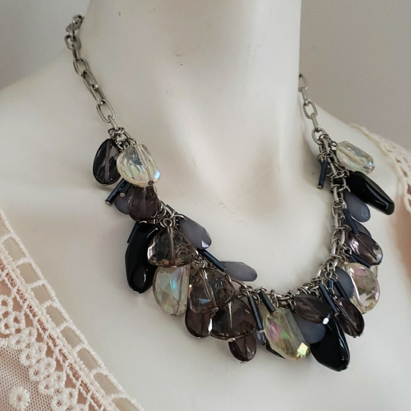 Trendy Fashion Chunky Clear & Clear Smokey, Black & Grey Blue beaded Necklace - Picture 2 of 13